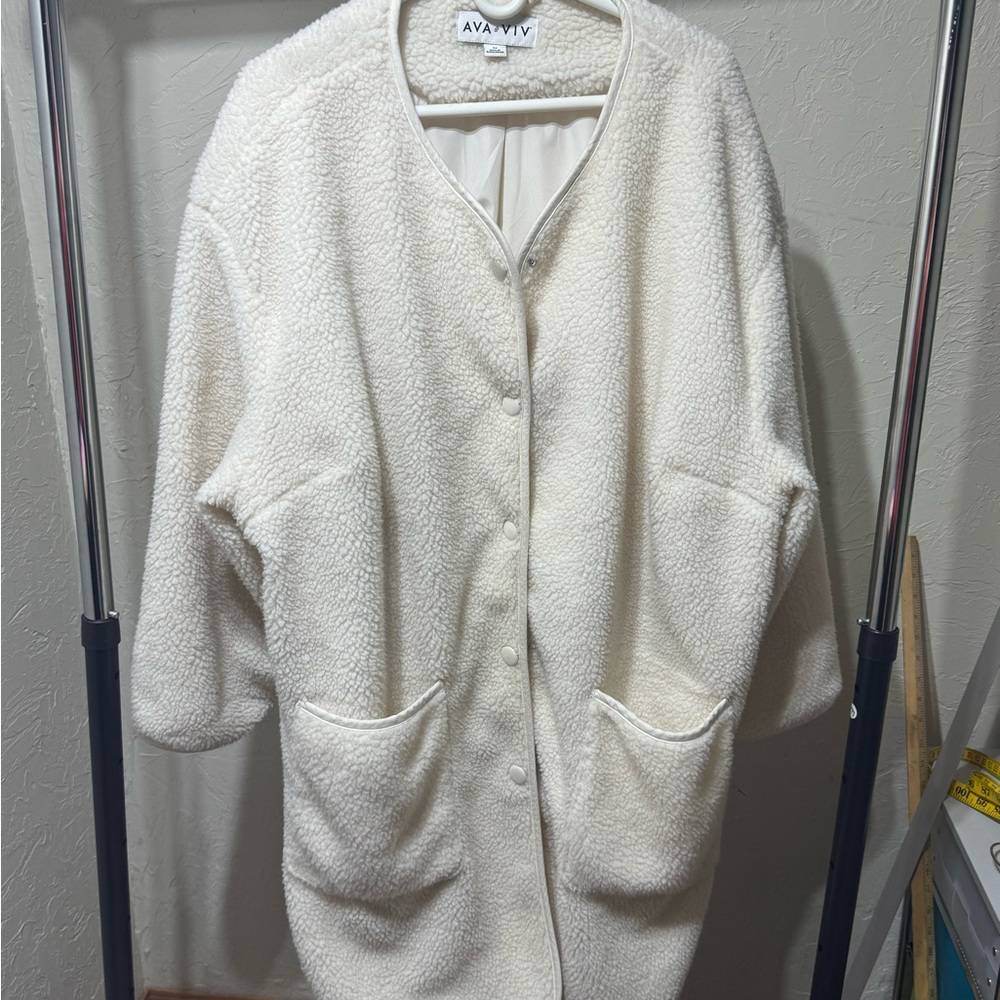 Women's Plus Ava & Viv Lined Sherpa/Teddy Fleece Cream Snap-Up Midi Jacket 3X